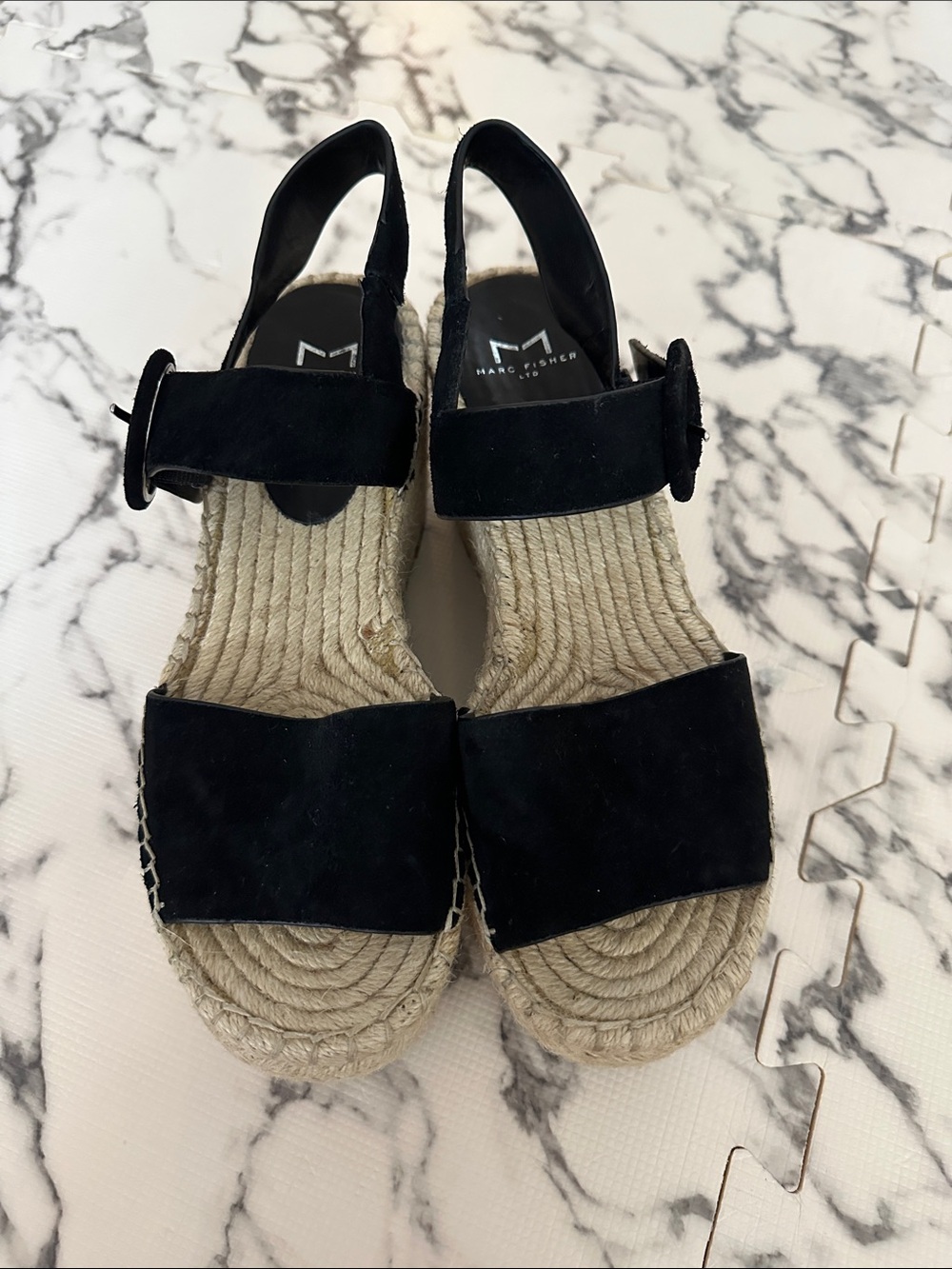 Marc Fisher Black Suede Espadrille Flatform/Platform Sandals with Ankle Strap
